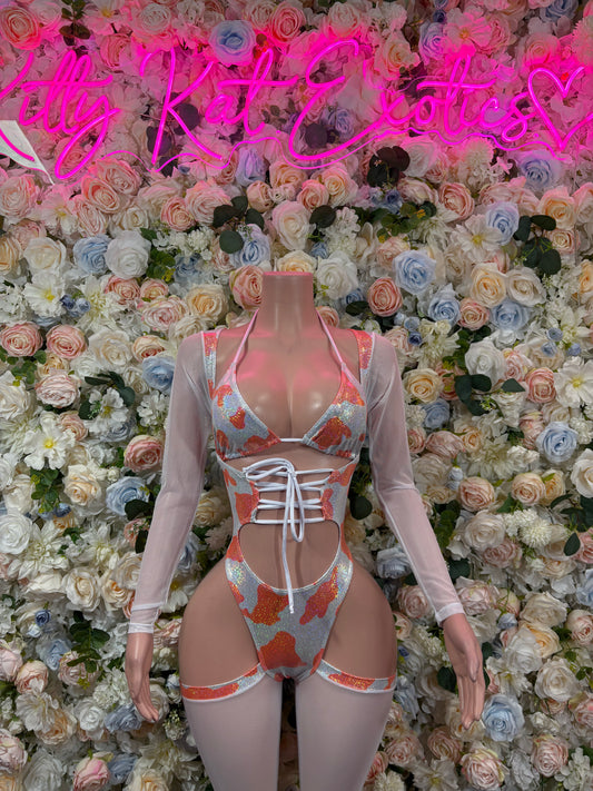 Bottlegirl Orange Cow Print Bodysuit  - One Piece Bartender Outfit, EDM Dancewear, Party Clubwear