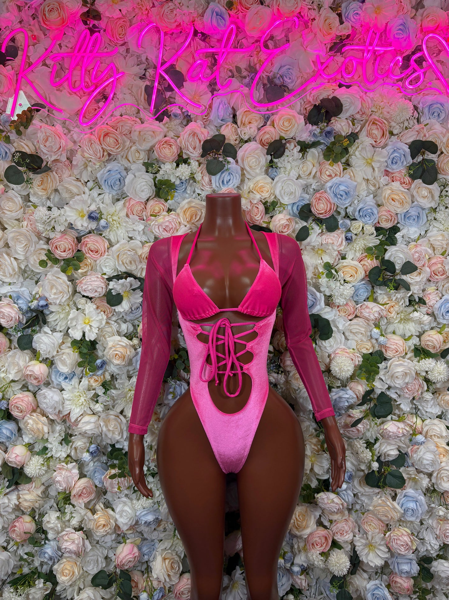 Hot pink rhinestone deep V bottlegirl set front view - KittyKatExotics