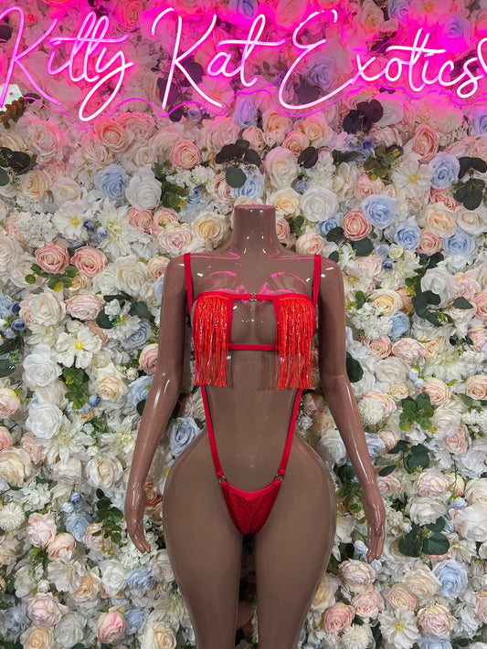 Red fringe bralette and thong set with strappy back and rhinestone details