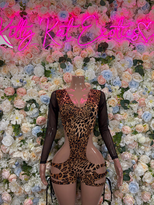 Leopard Print Bottlegirl Bodysuit  - One Piece Bartender Outfit, EDM Dancewear, Party Clubwear