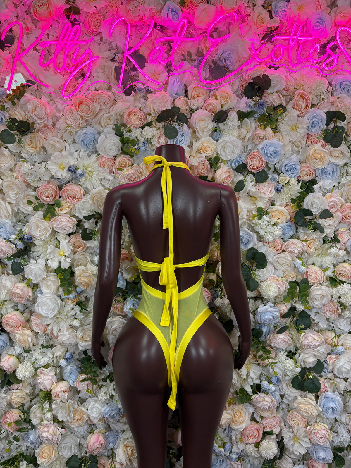 Neon Yellow Mesh Bottlegirl Bodysuit – Sheer Halter One Piece Rave Dancewear Club Outfit