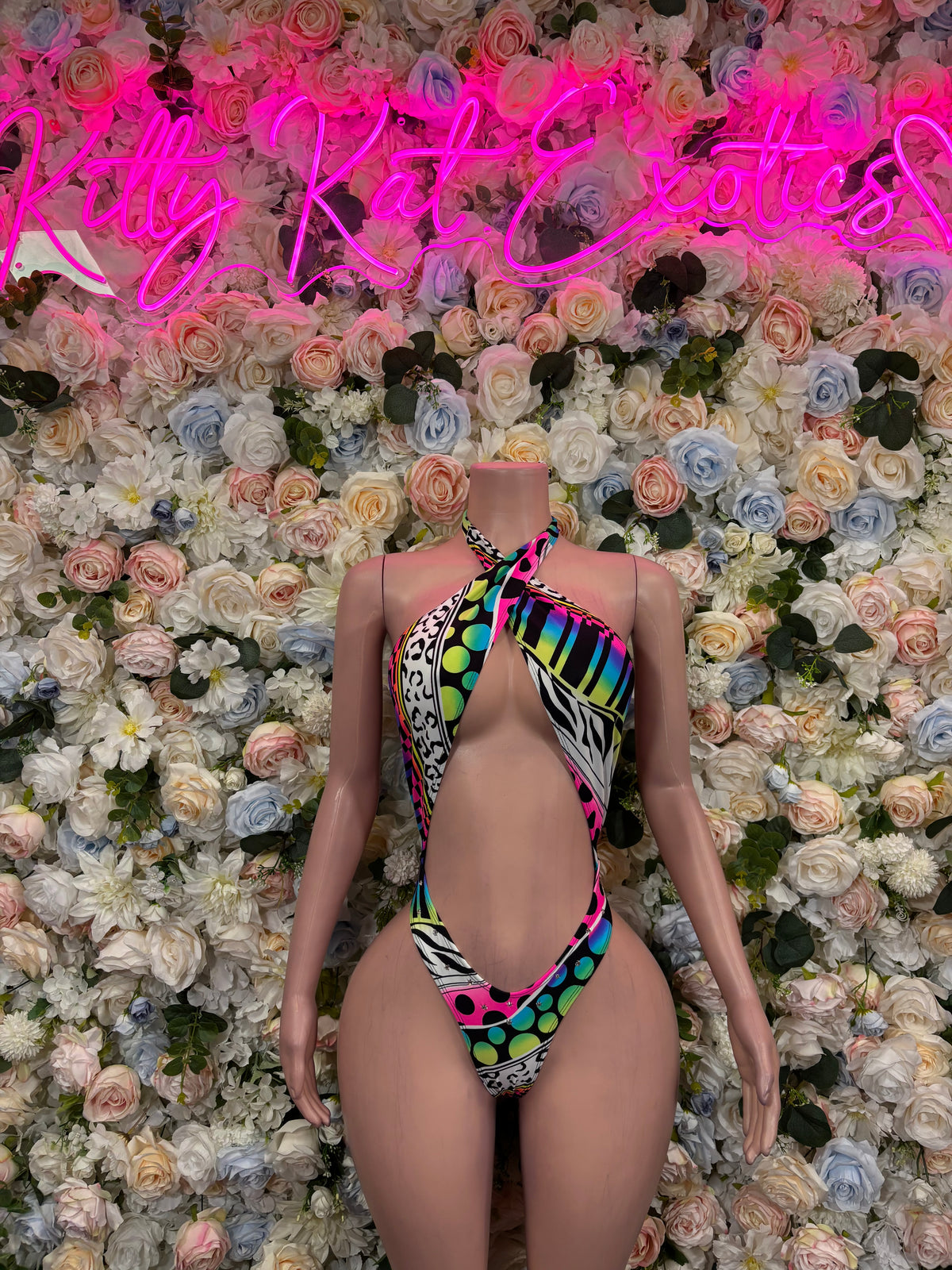 Neon Festive Print Rave Bodysuit, Tie Front Rave Outfit, Festival One Piece, Dancewear, Colorful Clubwear
