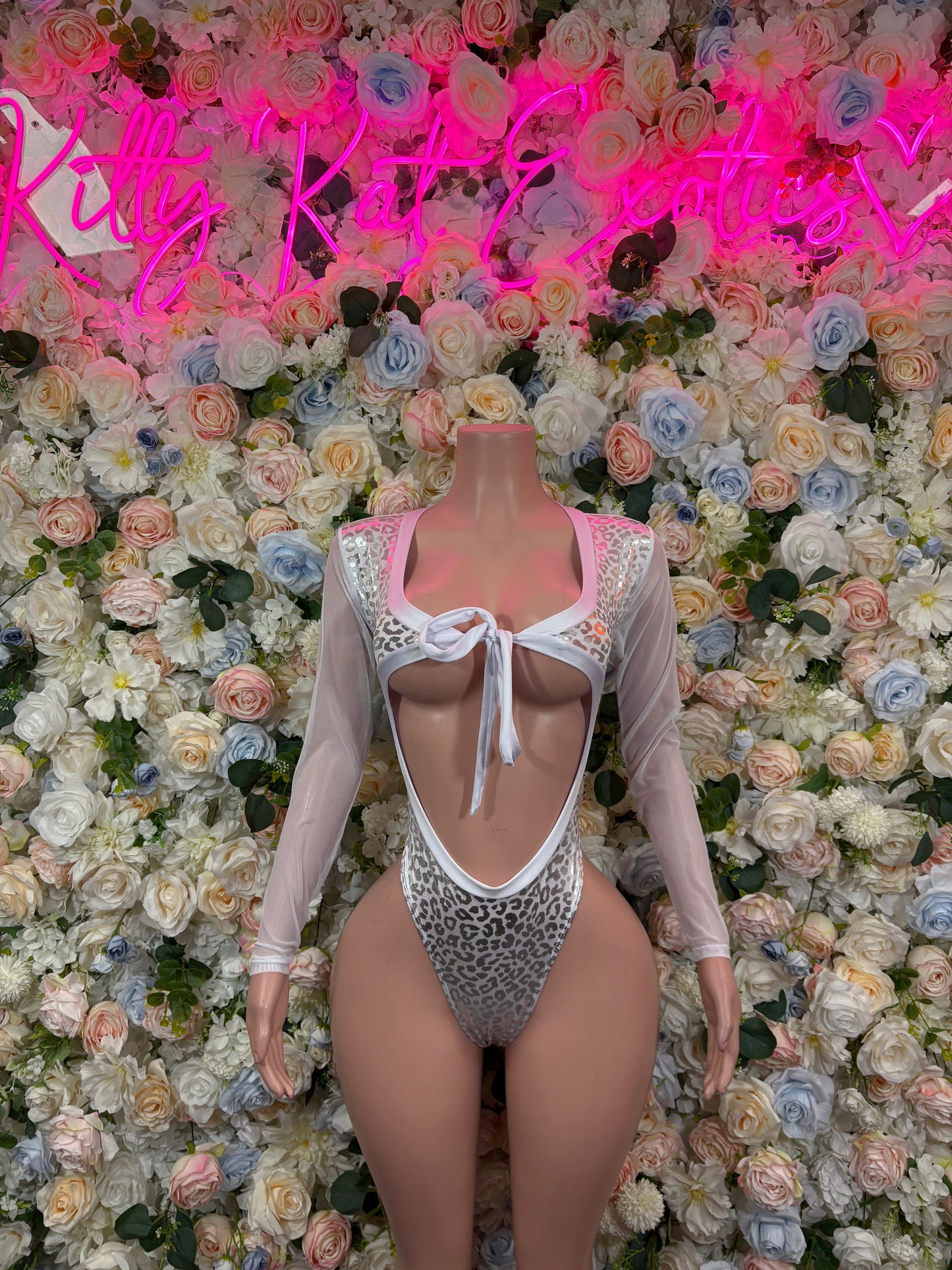 Bottlegirl Bodysuit Silver Cheetah One Piece - Hologram Design | Exotic Dancewear for Performers, Raves