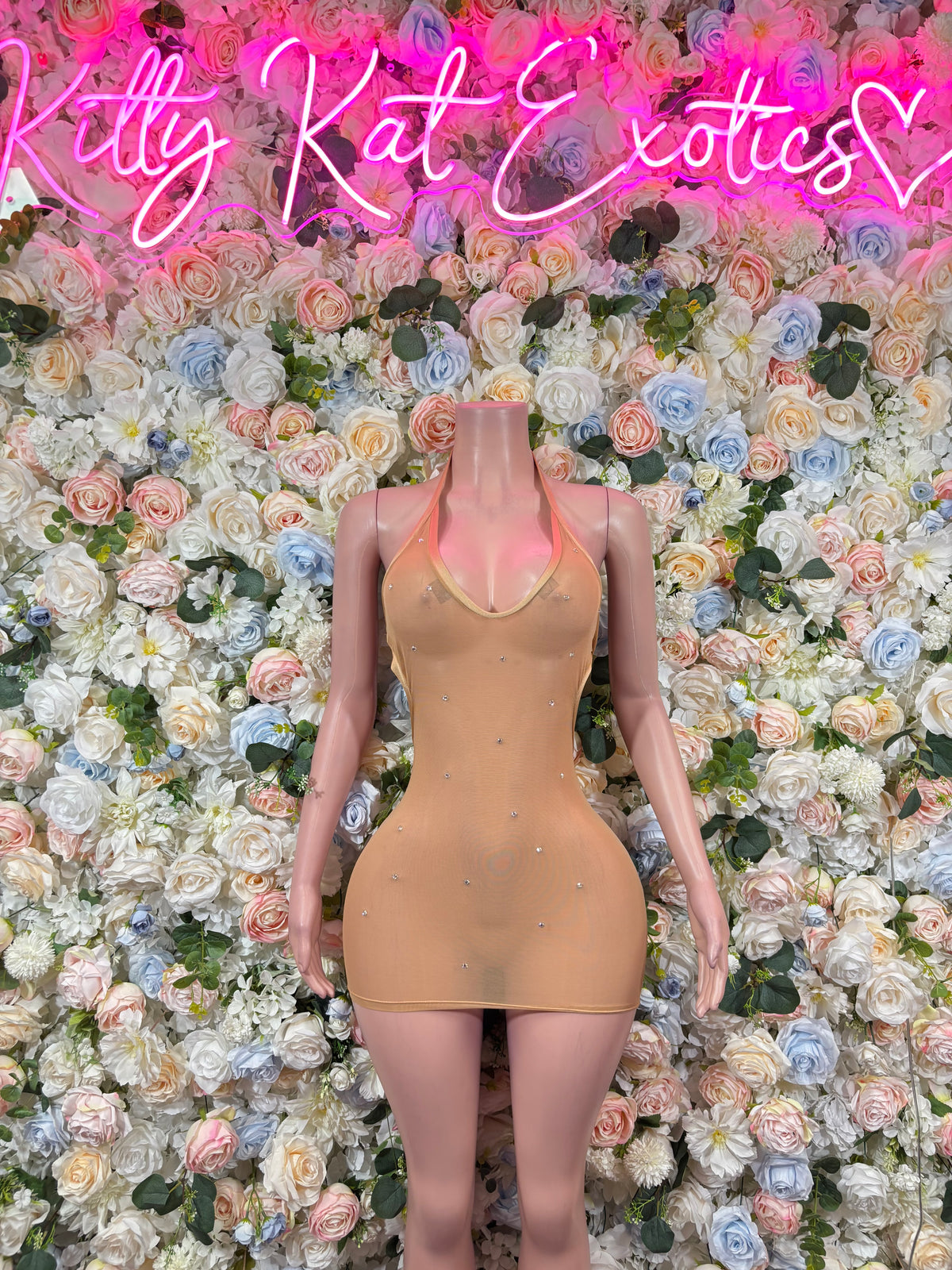 Nude Rhinestone Mini Dress – Women’s Bodycon Date Night Dress & Club Party Outfit