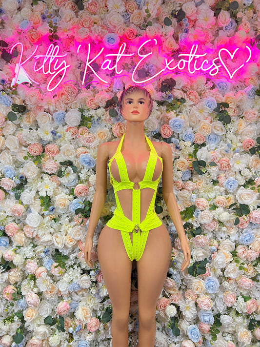 Neon green strappy bodysuit with halter neckline and front cutouts