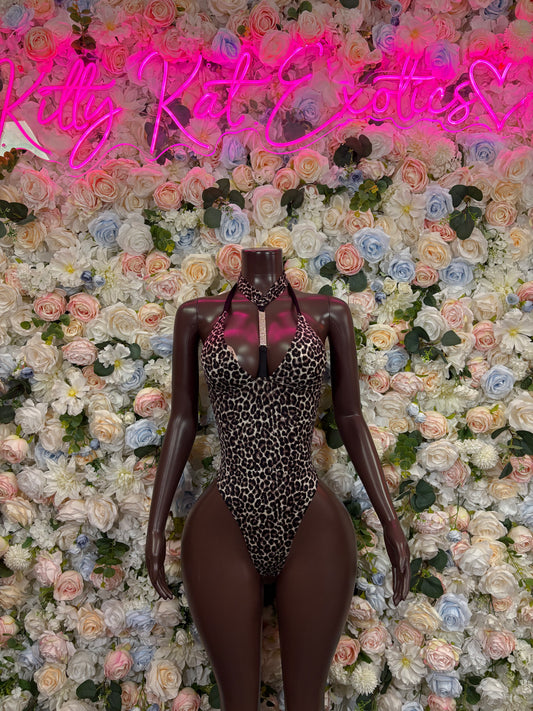 Dark sheer leopard catsuit bodysuit with rhinestone choker and mock neck
