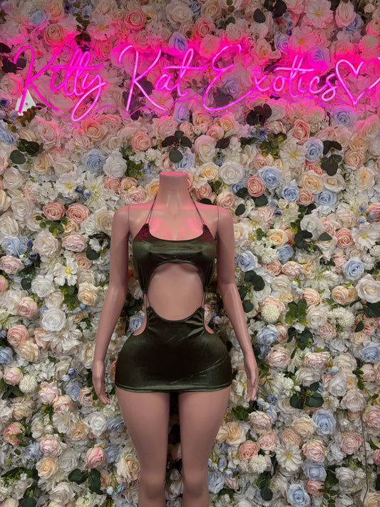 Olive green mini dress with halter straps and chest cutout