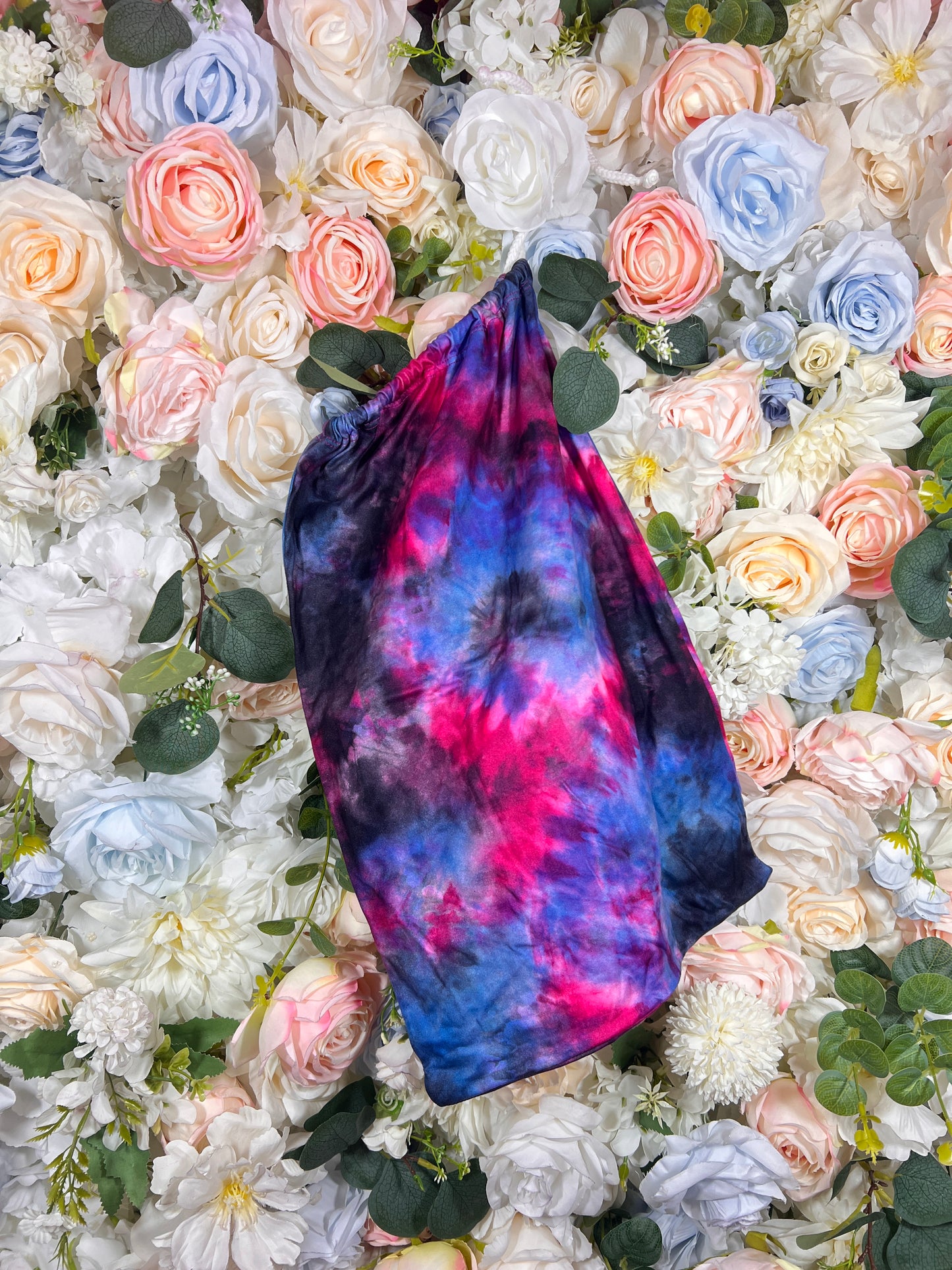 Galaxy print drawstring money pouch, blue/purple with pink swirl