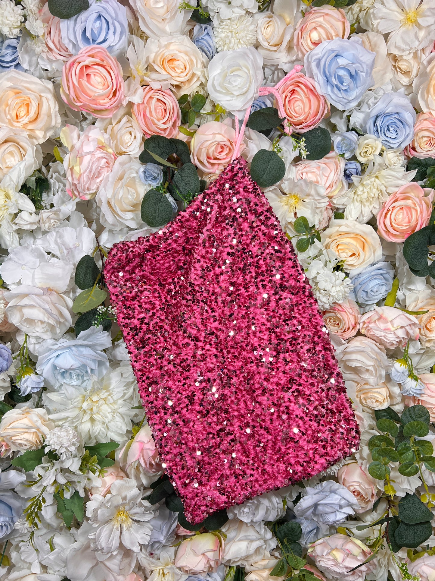 Pink velvet money bag with dense sparkling sequins