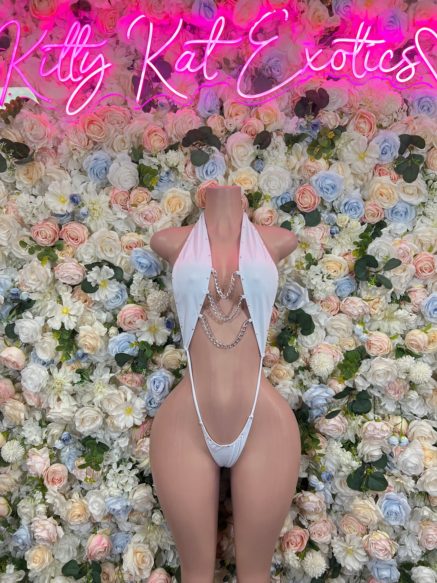 White chain sling micro monokini bodysuit with halter straps and thong cut