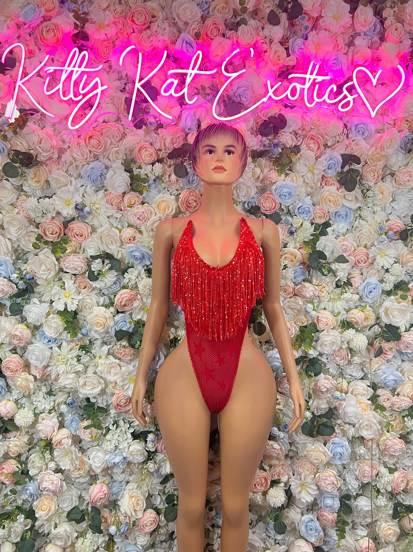 Red sequin fringe one-piece bodysuit with sleeveless scoop neckline, front view