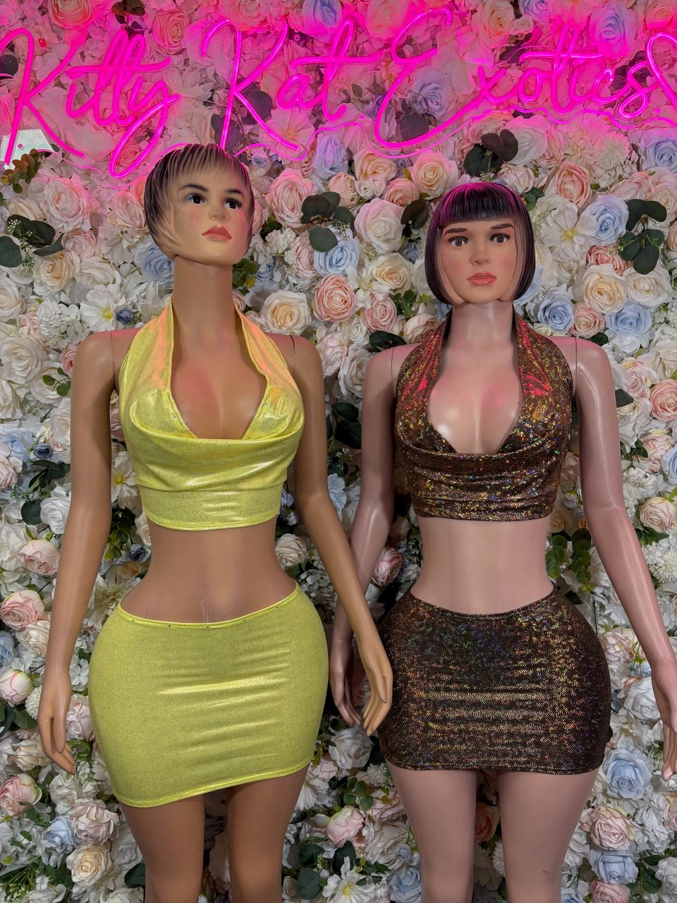 Metallic halter crop top and mini skirt two-piece set, lime and dark gold