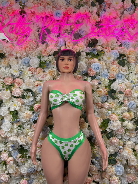 Green shamrock two-piece costume: bow bandeau top and matching briefs
