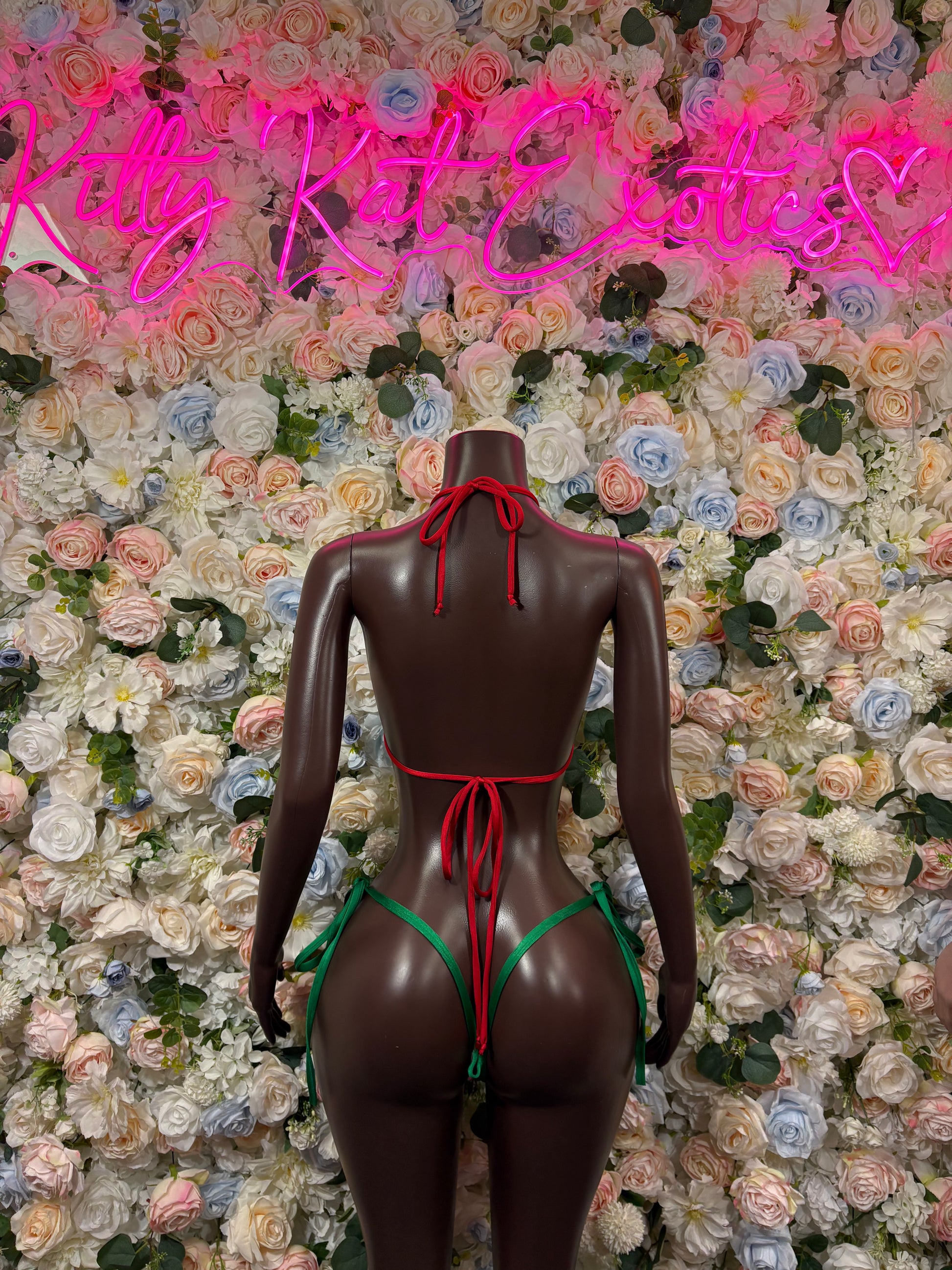Green and red string bikini set, back view with crisscross ties.