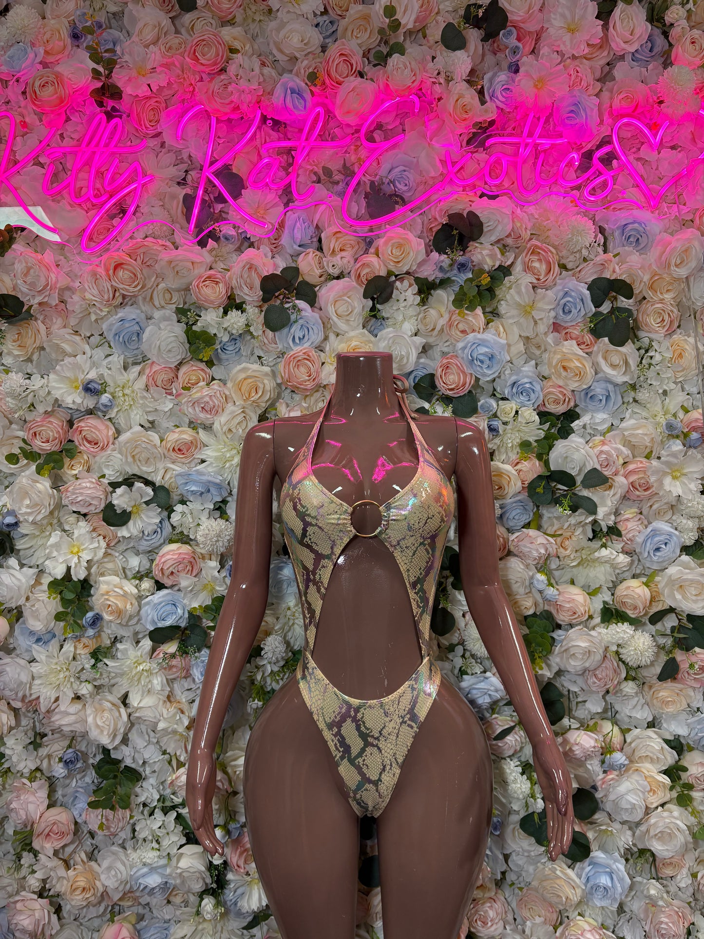 Snake Print O-Ring Cutout Bodysuit | Iridescent Gold Pink One Piece Rave Festival Exotic Dancewear