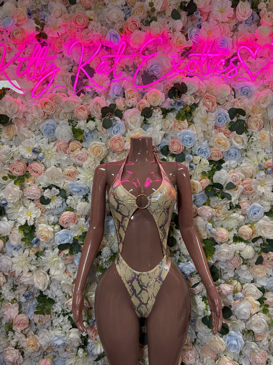 Snake Print O-Ring Cutout Bodysuit | Iridescent Gold Pink One Piece Rave Festival Exotic Dancewear