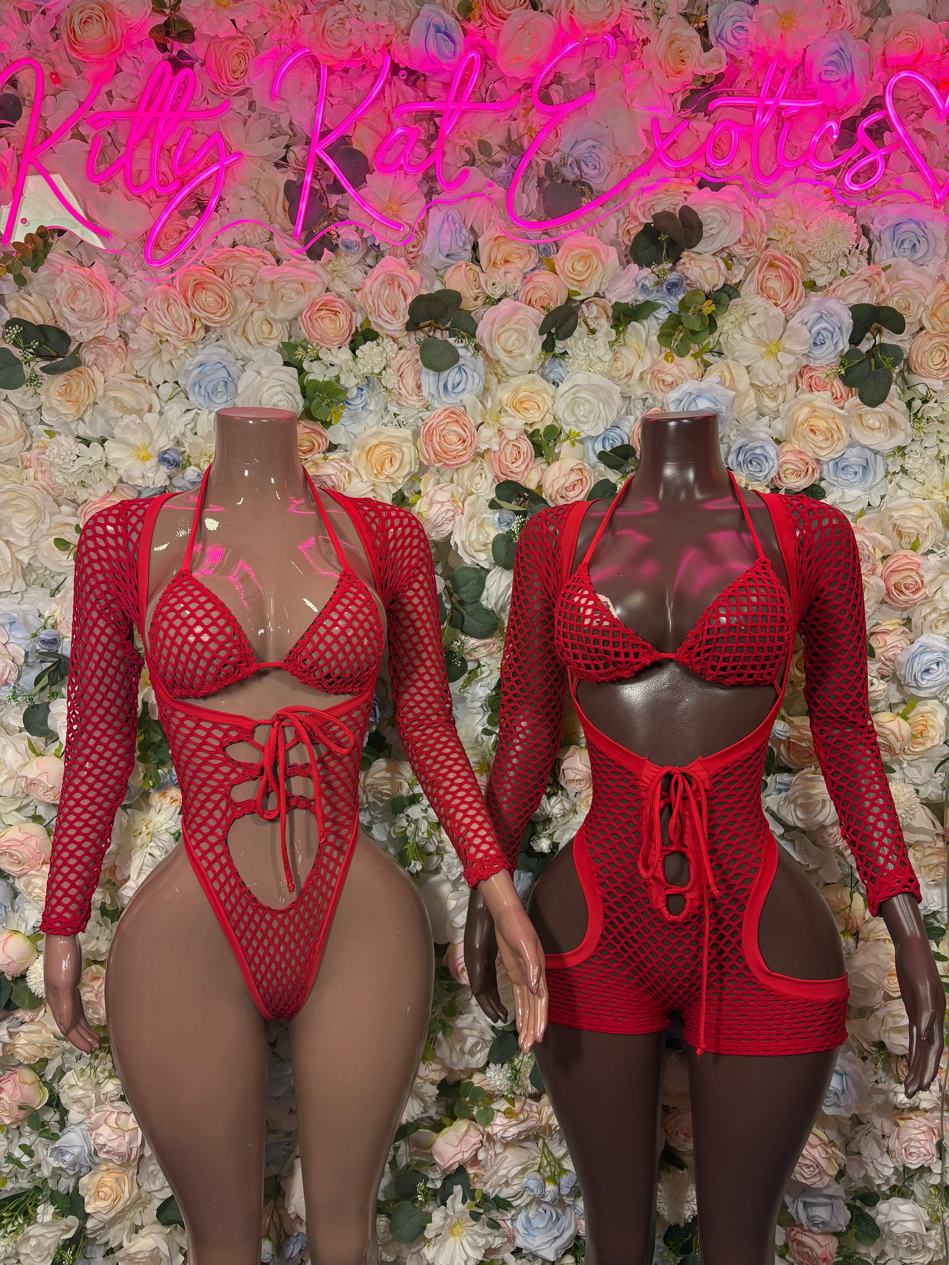 Red fishnet long-sleeve bodysuit with triangle cups and lace-up front keyhole cutouts