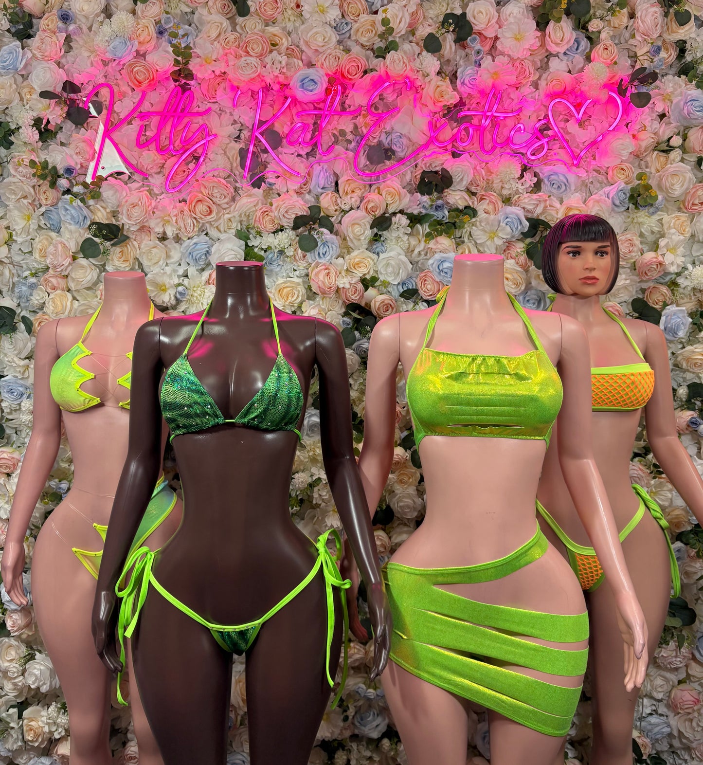 Neon green bikini set with triangle top and strappy side bottoms, multiple models