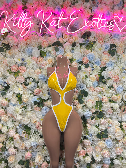 Yellow shiny latex bodysuit with white trim, V-neck and open center cutout