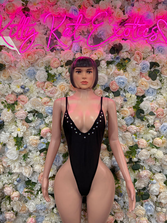 Black rhinestoned thong bodysuit with spaghetti straps and deep V front