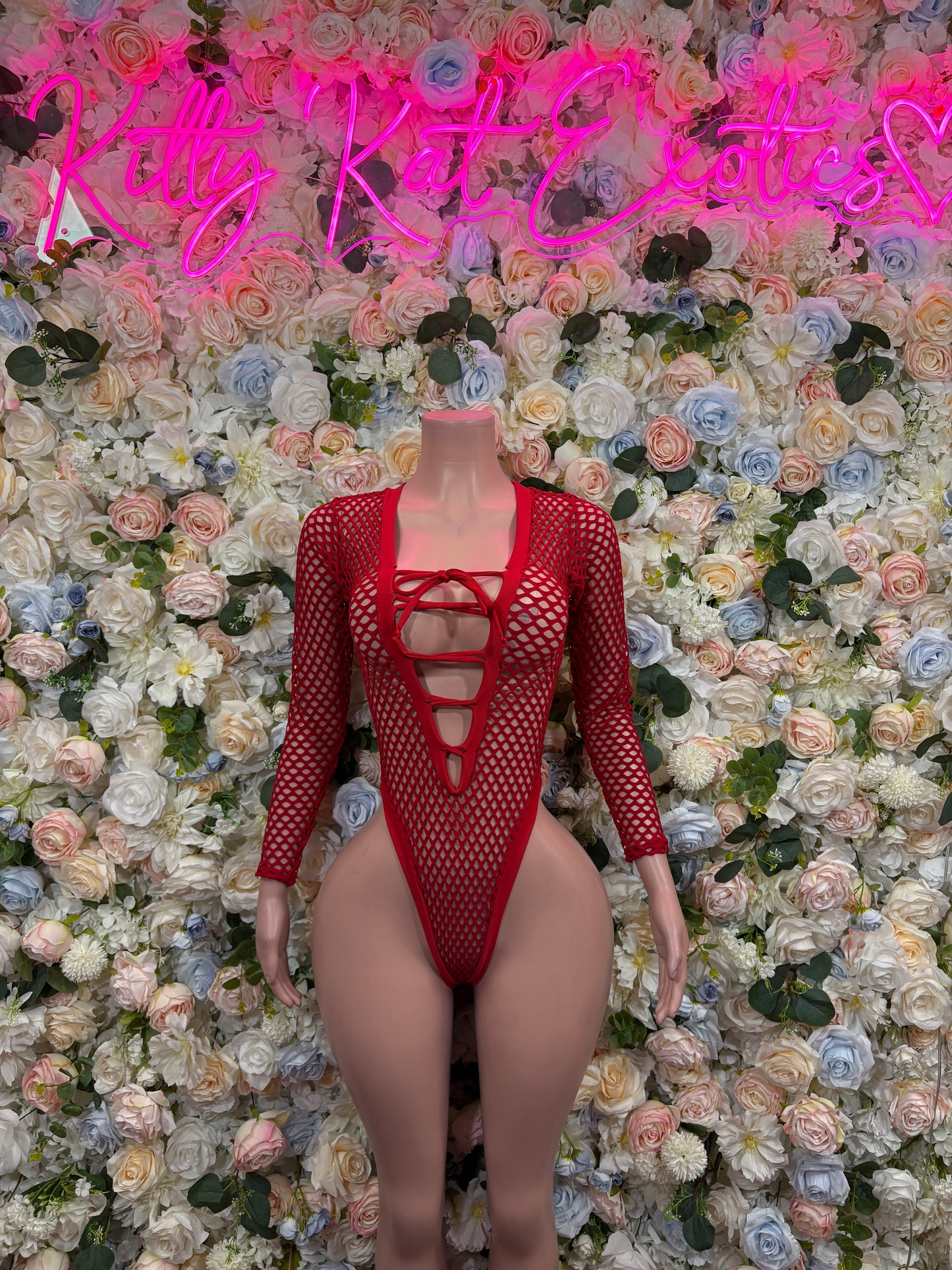 Bottlegirl Red Fishnet Bodysuit - Bottle Service Outfit, Rave Festival Clubwear One Piece Dancewear