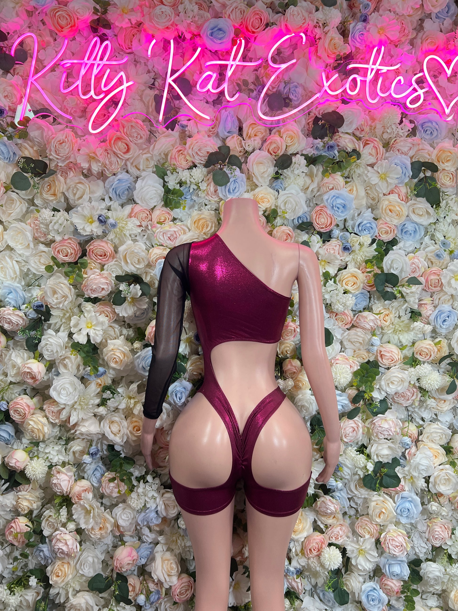 Burgundy halter bodysuit with open back and black long mesh sleeves