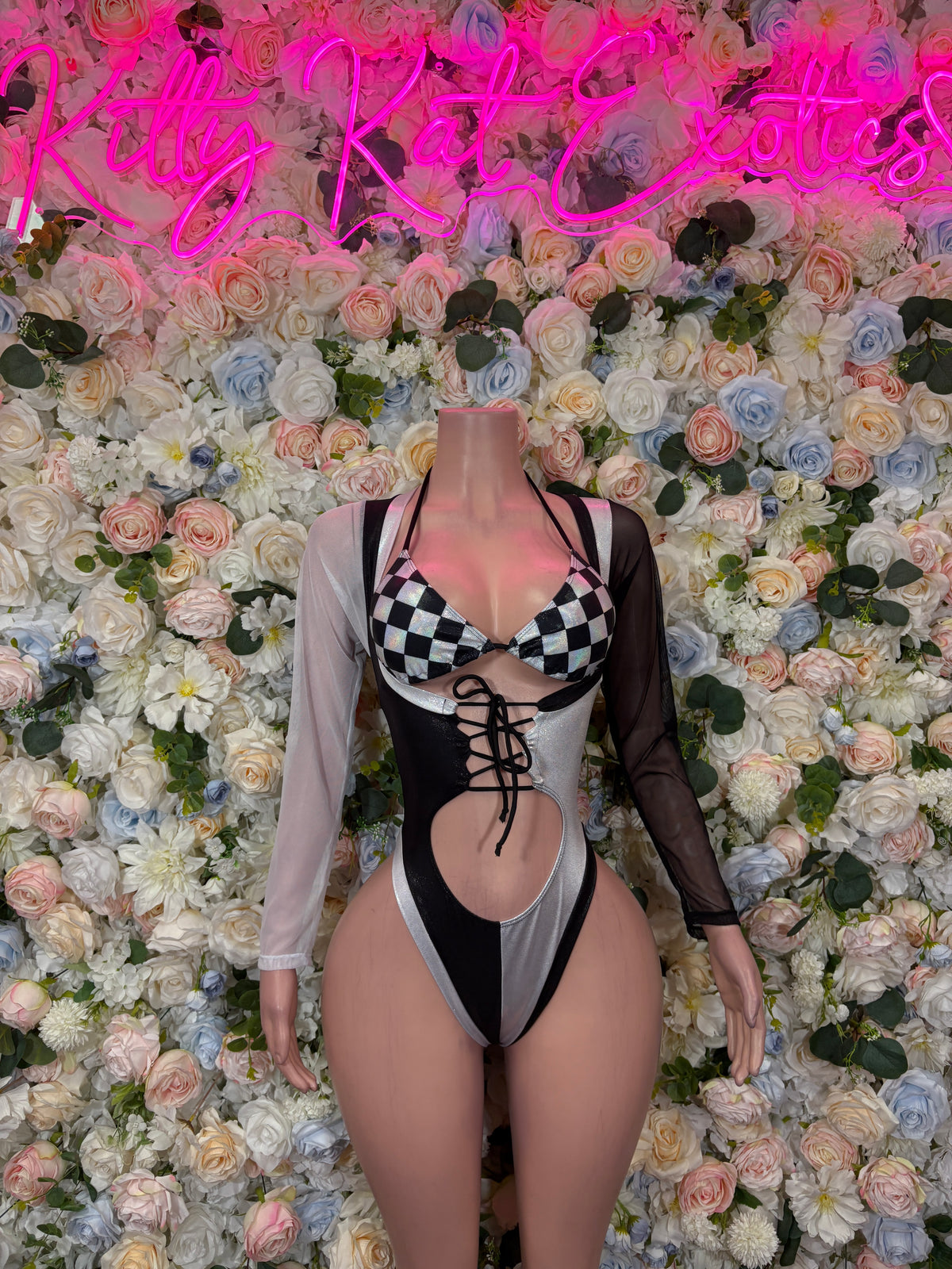 Black Silver Checkered Bodysuit, Goth Rave Romper, Lace-Up Cutout Clubwear