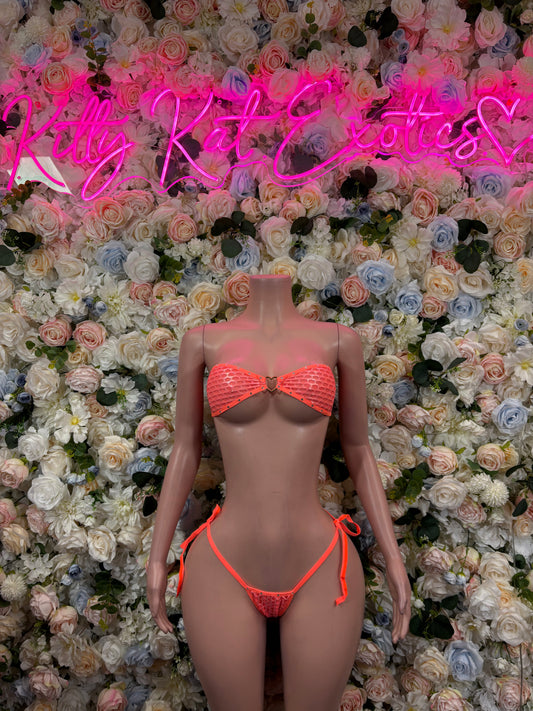 Orange fishnet bikini set with strapless sweetheart top and tie side string bottoms