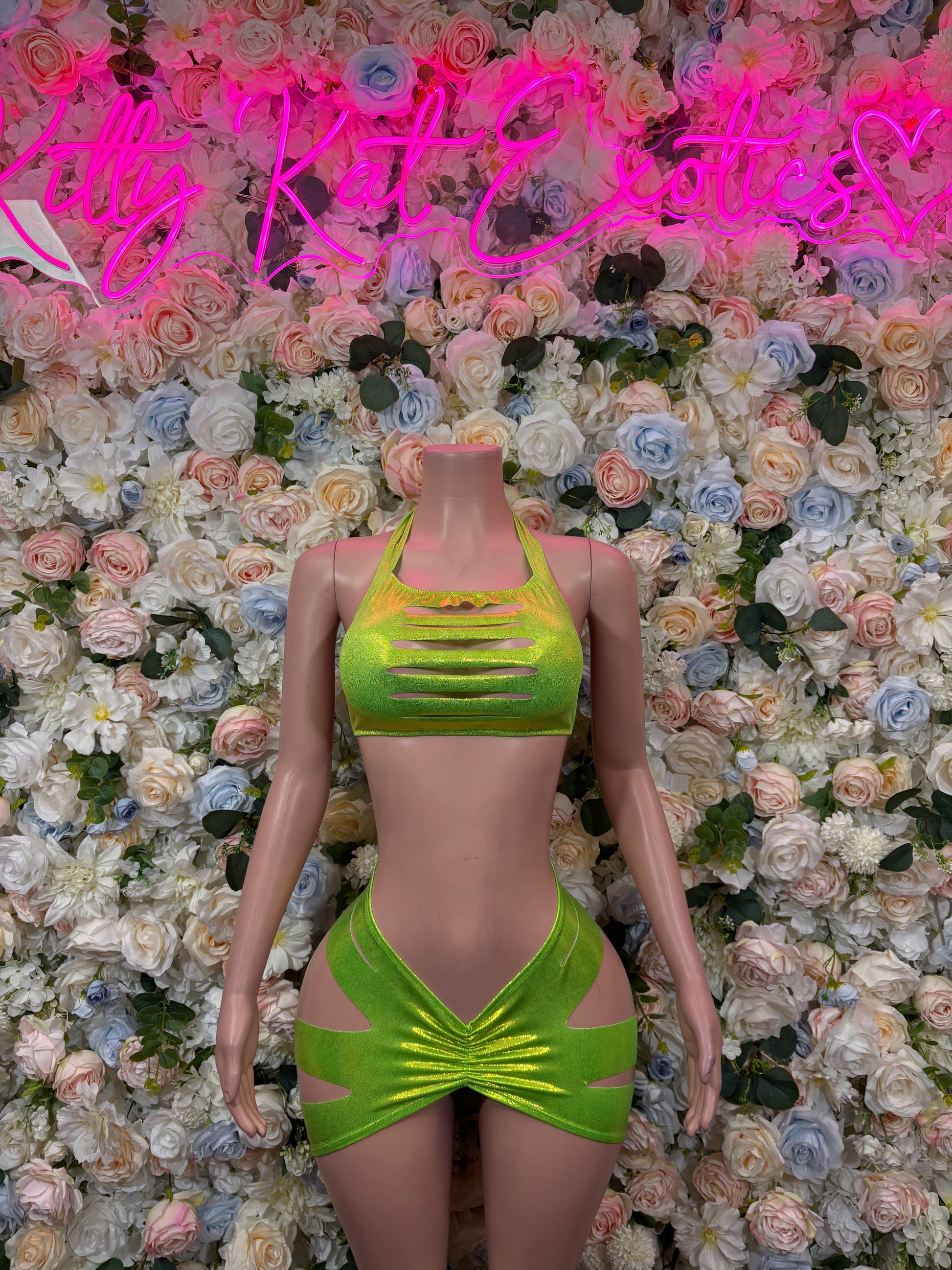 Metallic green two-piece bikini set with triangle top and tie side bottoms
