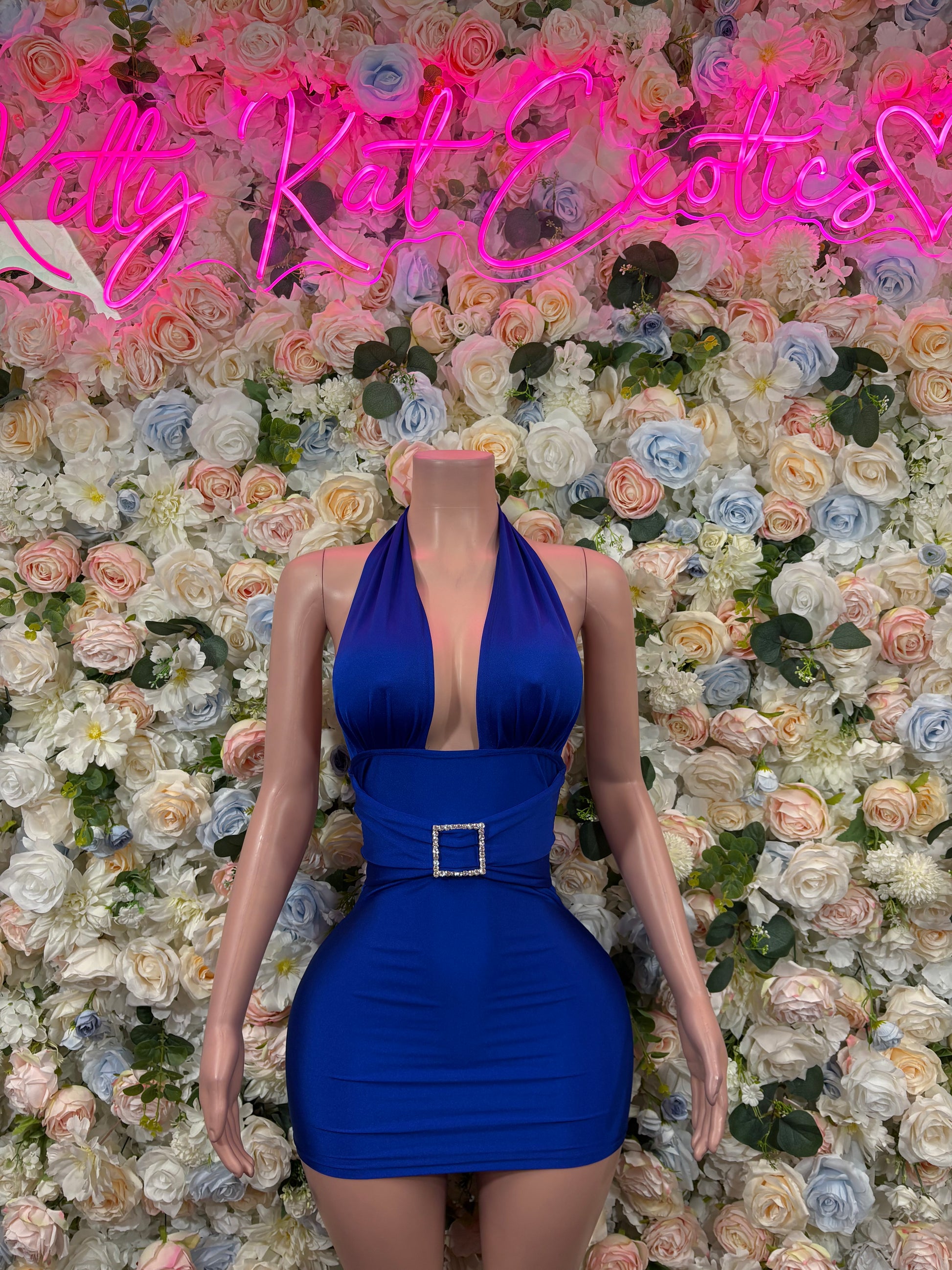 Blue halter mini dress with square belt detail, front view