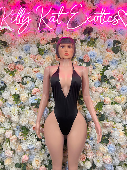 Black deep plunge monokini bodysuit with V-neck and high-cut bottoms