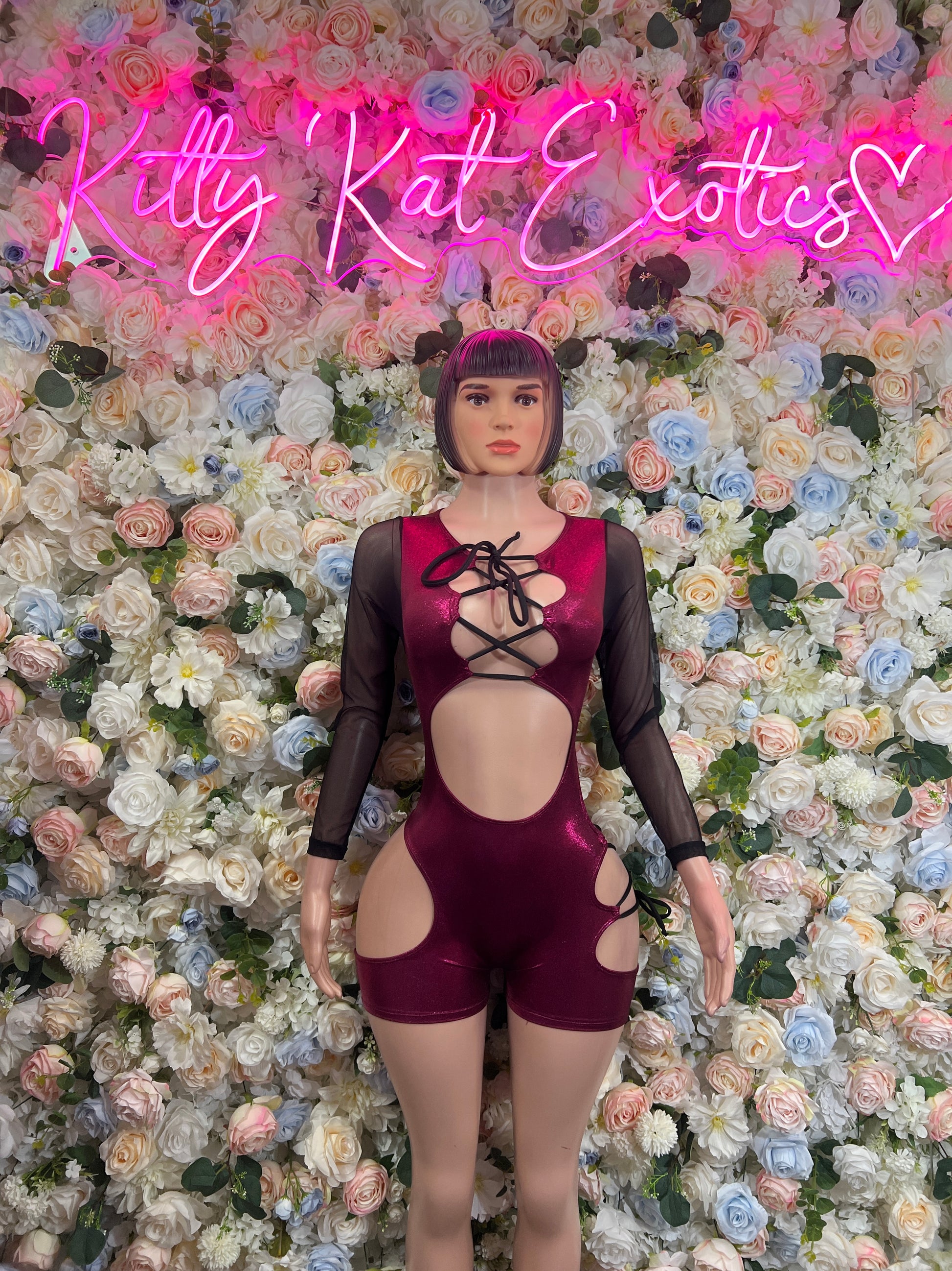 Burgundy lace-up dance bodysuit with long sheer sleeves and high-cut shorts