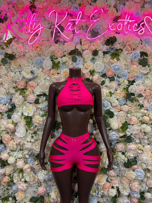 Pink and black cutout halter crop top with matching high-rise shorts two-piece set