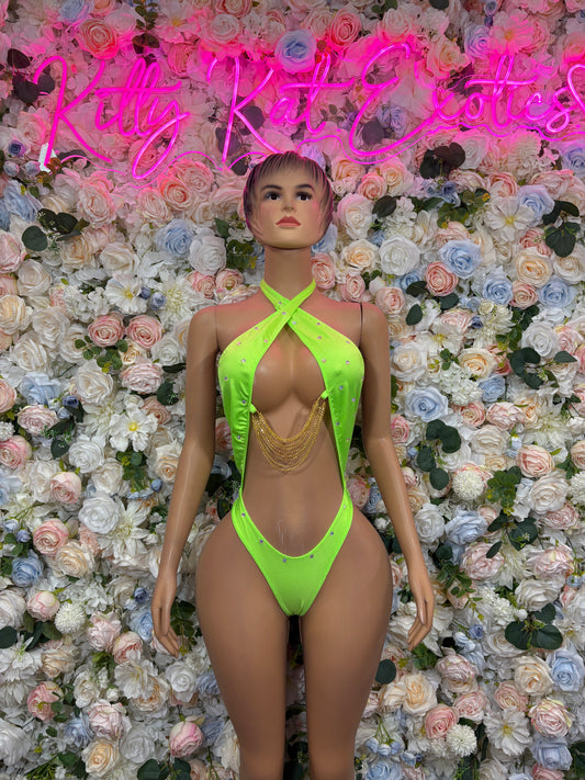 Neon green halter one-piece bodysuit with open back