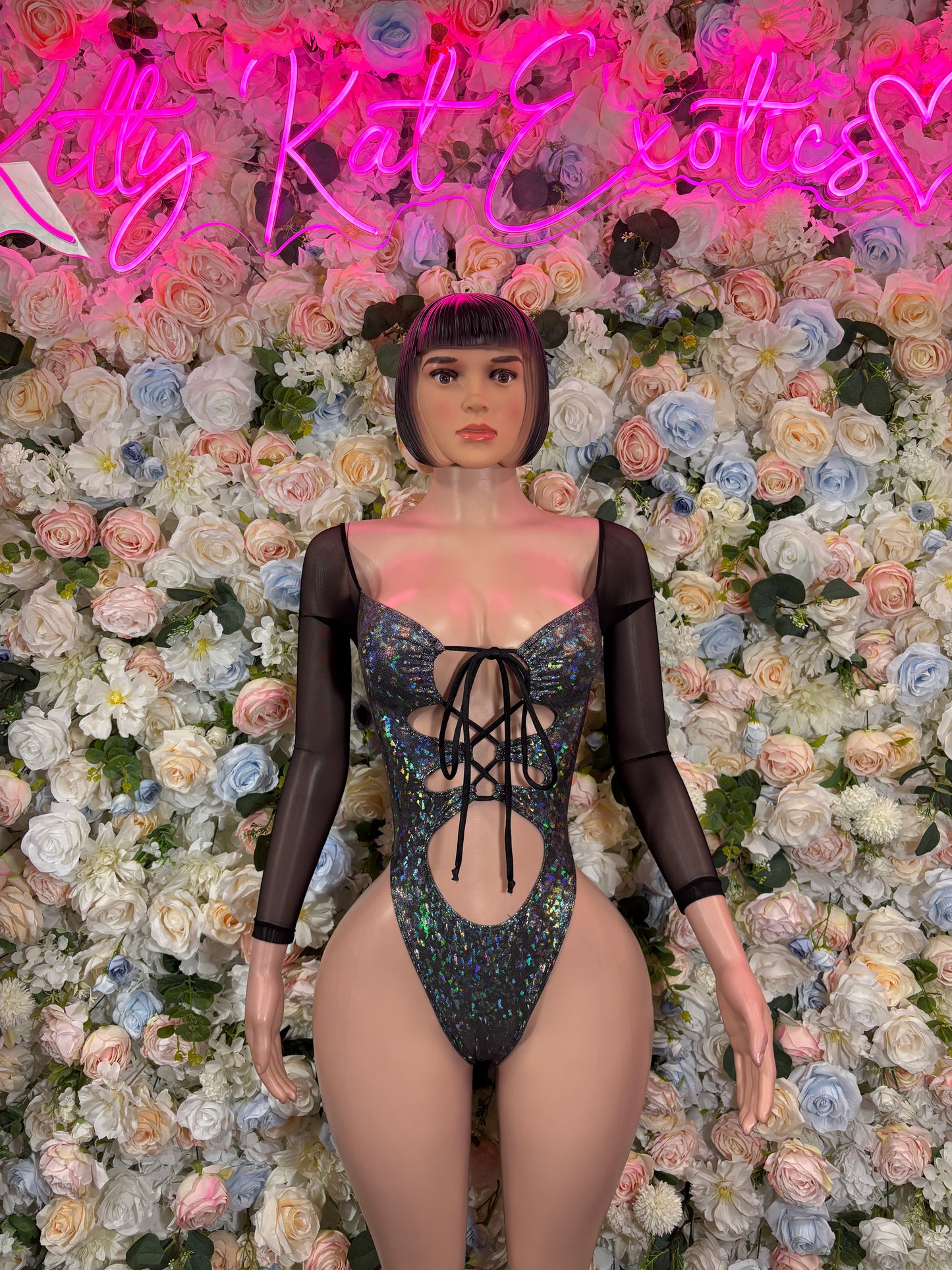 Bottle Girl Crushed Black Metallic Bodysuit, One Piece Bartender Outfit, Festival Rave Clubwear