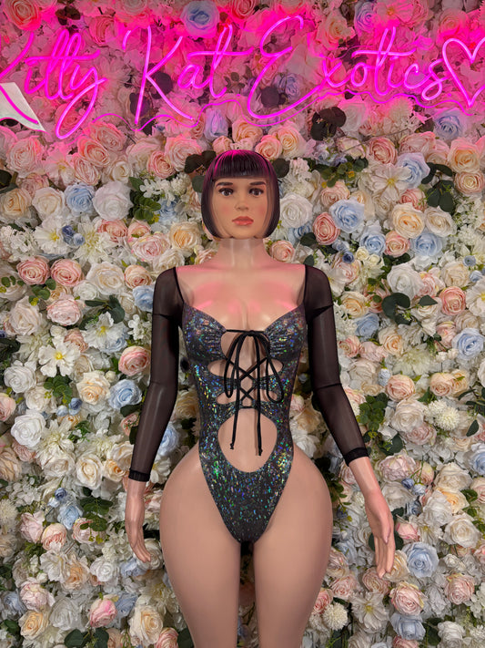 Bottle Girl Crushed Black Metallic Bodysuit, One Piece Bartender Outfit, Festival Rave Clubwear
