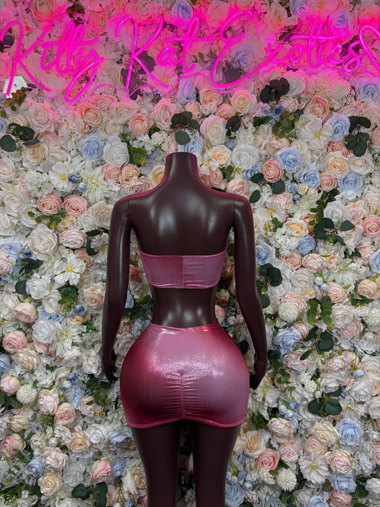 Burgundy Metallic Bandeau Crop Top & Mini Skirt Set with Rhinestone Circle Buckle Rave Festival Clubwear Outfit