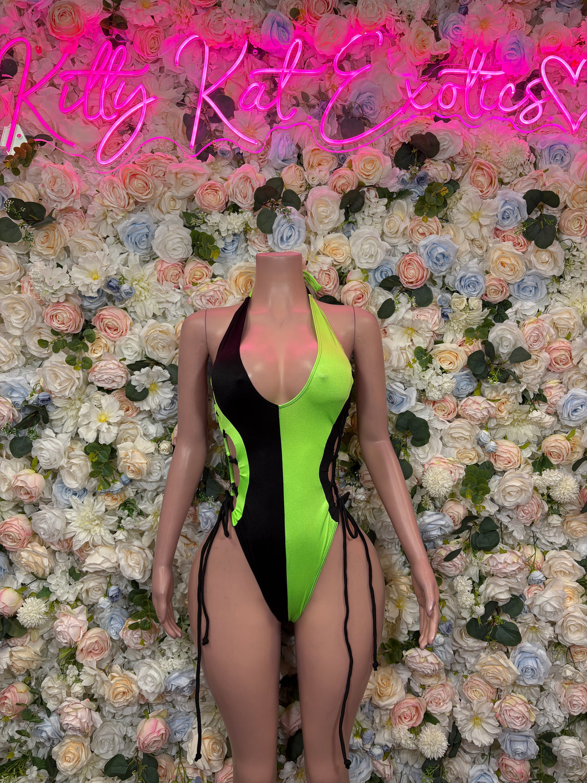 Neon Green & Black Lace-Up Villain Bottle Girl Costume Cutout Bottle Girl Bodysuit