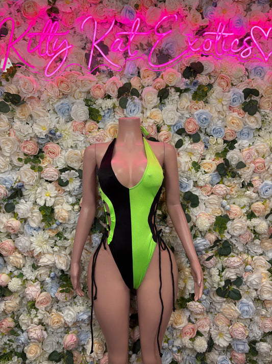 Neon green and black lace-up bodysuit with black side cutouts