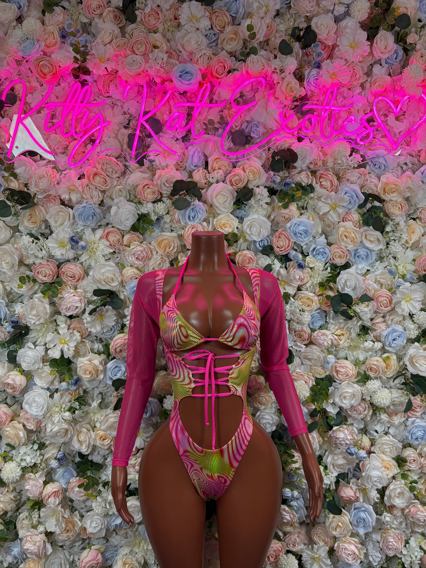 Bottlegirl Outfit One-Piece Pink Metallic Bodysuit - Hologram Design | Exotic Dancewear for Performers, Raves