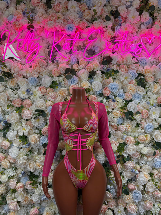 Bottlegirl Outfit One-Piece Pink Metallic Bodysuit - Hologram Design | Exotic Dancewear for Performers, Raves