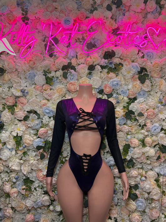 Purple metallic long-sleeve bodysuit with lace-up front and high-cut legs