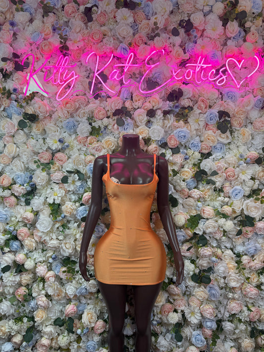 Fitted orange sleeveless mini dress with dark sheer trim at neckline