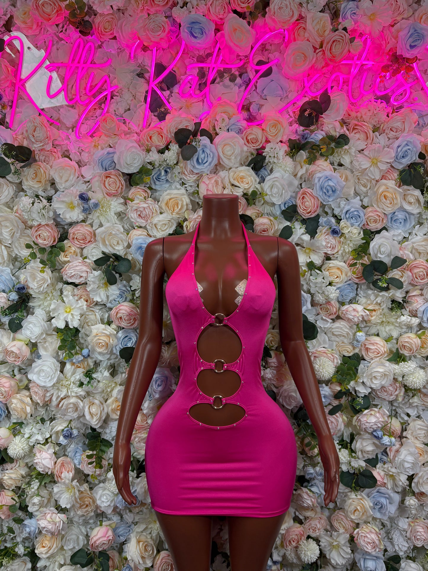Pink halter mini dress bodysuit with circular ring cutout at bust and waist