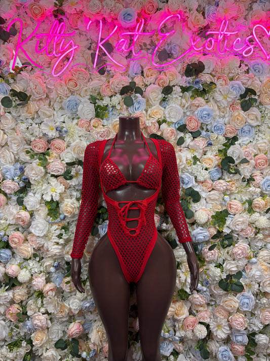 Bottlegirl Red Fishnet Bodysuit - Bottle Service Outfit, Rave Festival Clubwear One Piece Dancewear
