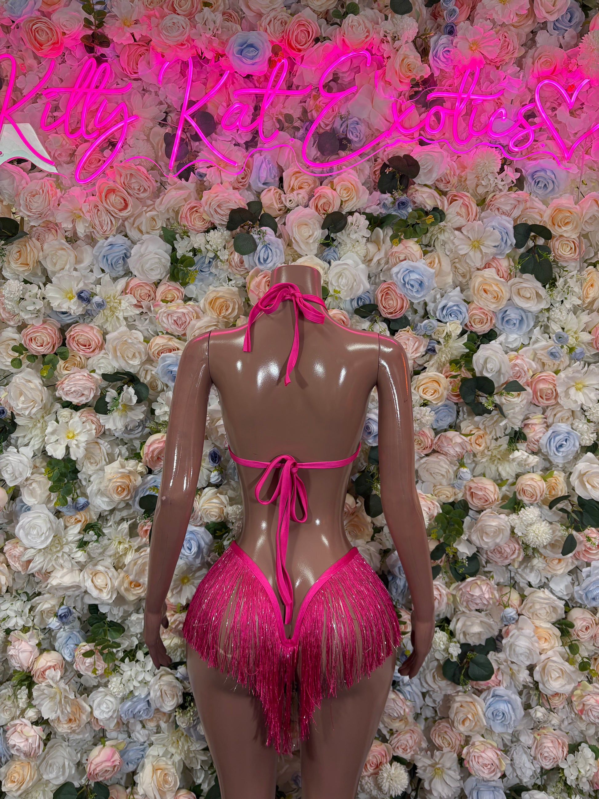 Pink fringe bikini set with string halter back and matching side ties