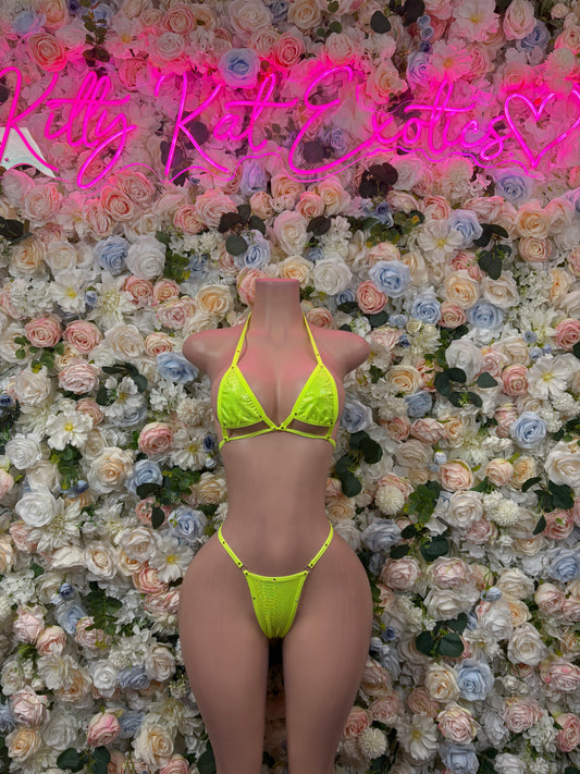 Neon yellow bikini set with triangle bikini top and thong-style bottoms