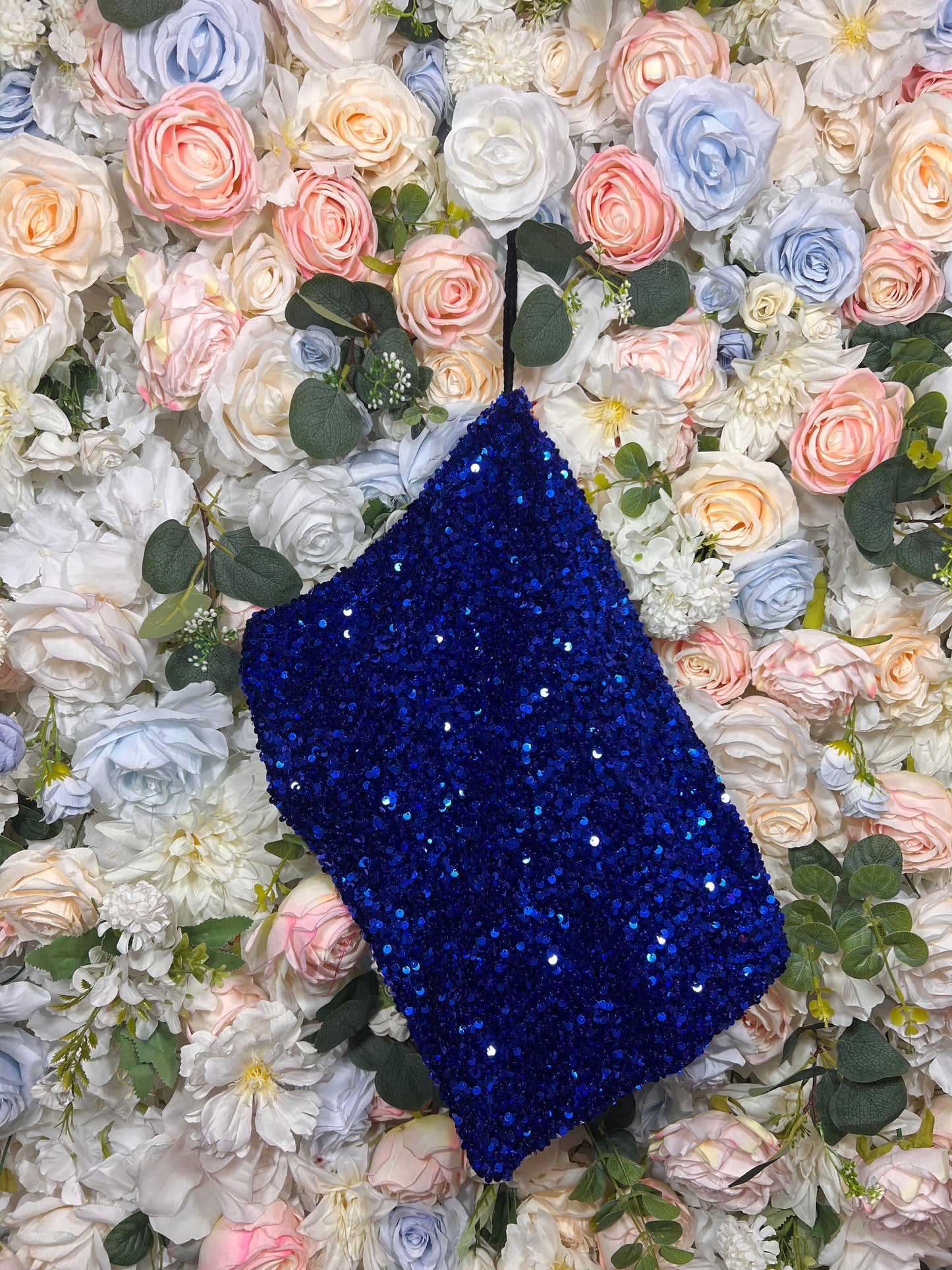 Blue sequined velvet money bag pouch, slanted rectangular shape with sparkle