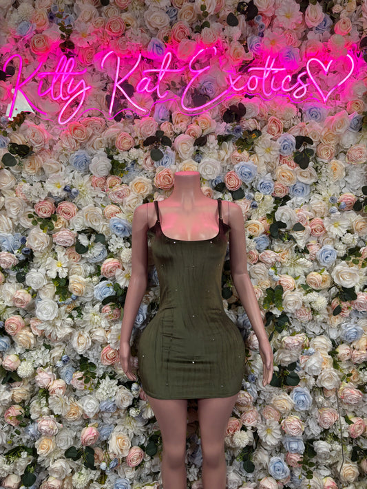 Olive green mini bodycon dress with square neckline and thin straps