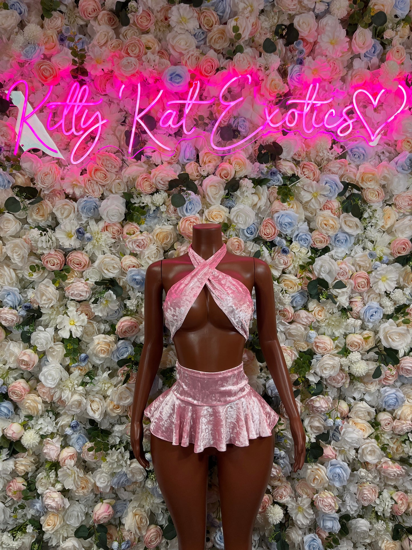 Two Piece Pink Velvet Skirt Set Festival  Ravewear Exotic Dancewear for Performers, Raves, & Festival Clothing